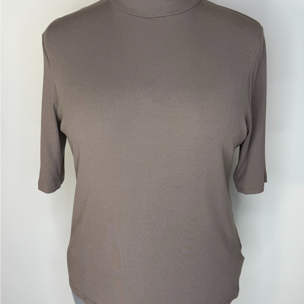 A New Day Shirt Womens XXL Brown Mock Neck Short Sleeve Ribbed Stretch Knit Top